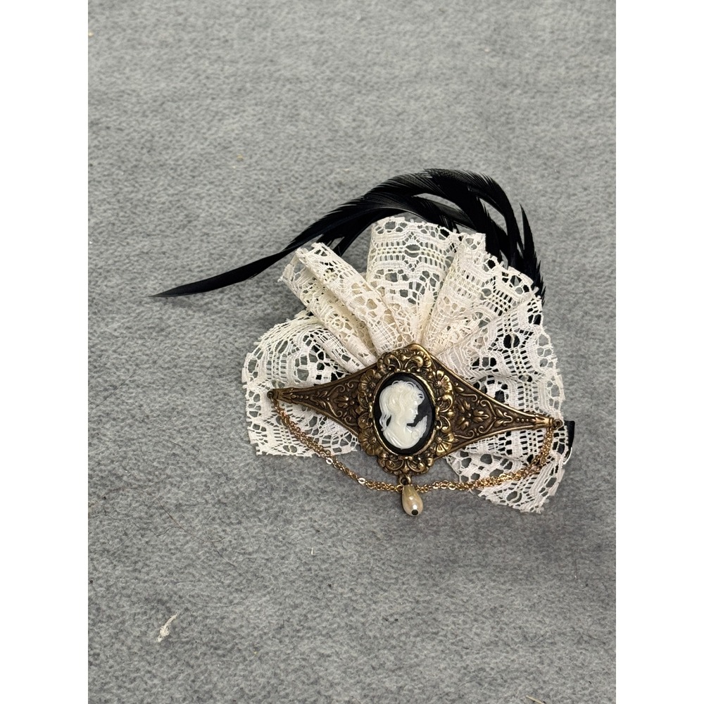 Victorian Cameo Hair Clip Lace Feather Steampunk Gothic Lolita Gold Tone Brooch